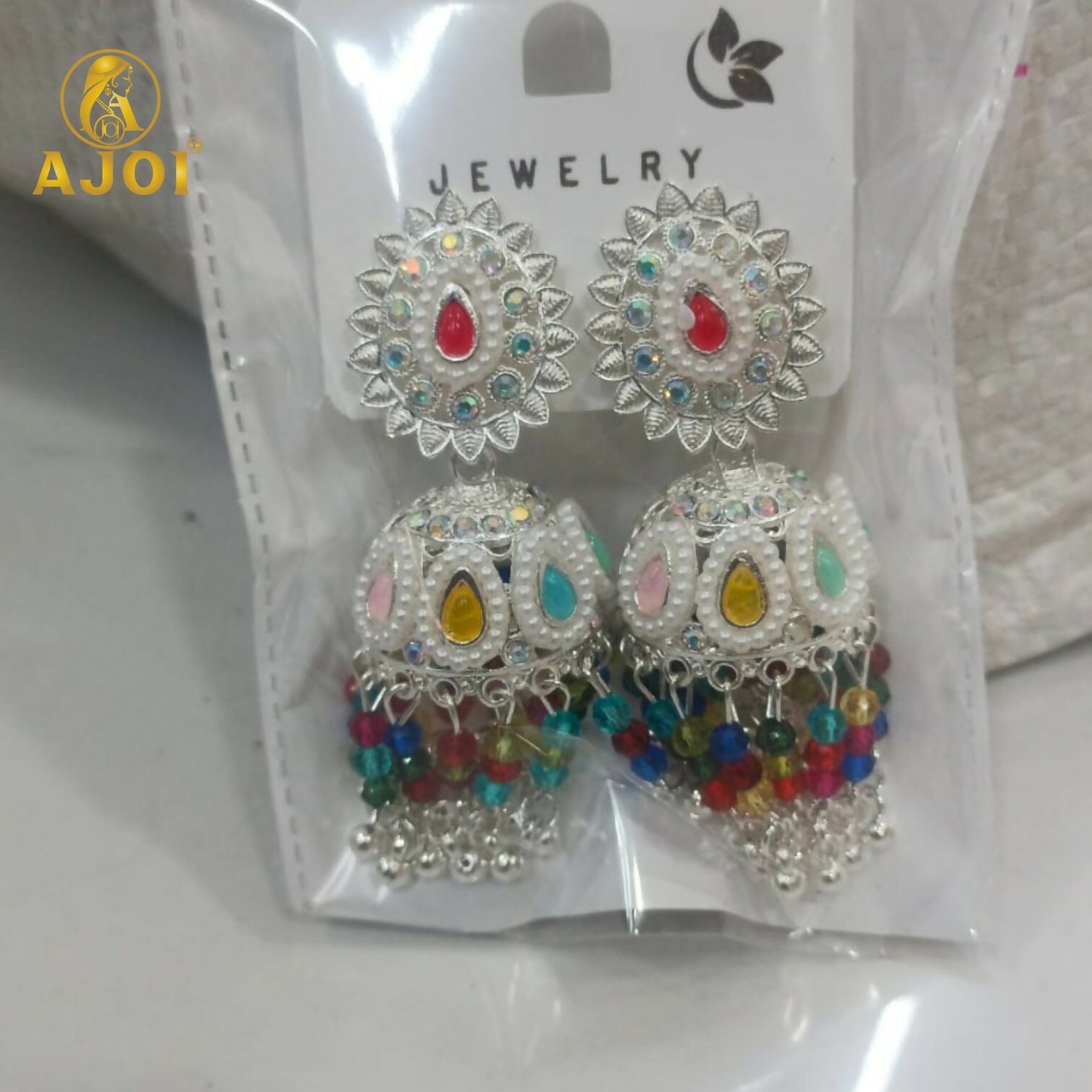 Silver Kundan Jhumka Earrings – Multicolor Tassels & Pearl Accents