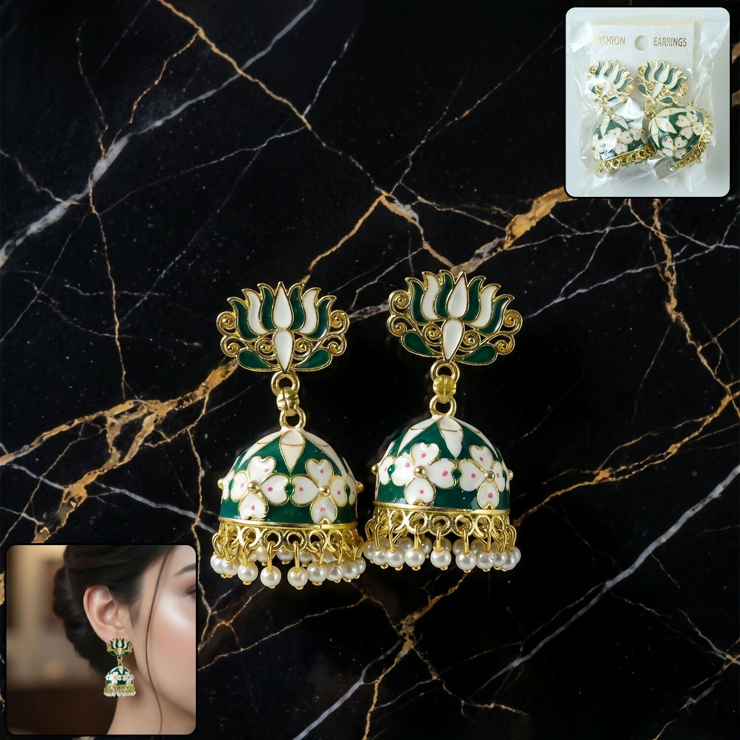 Green Lotus Jhumka Earrings – Elegant Pearl Detail for Women