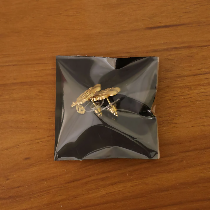 Gold Stud Earrings with Floral Design and Teardrop Dangle