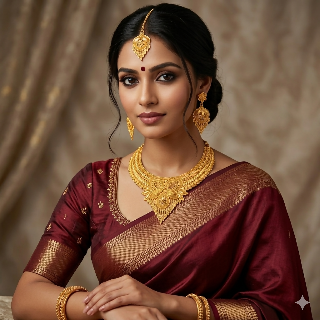 Royal Gold-Tone Statement Necklace Set with Drop Earrings and Maang Tikka for Women