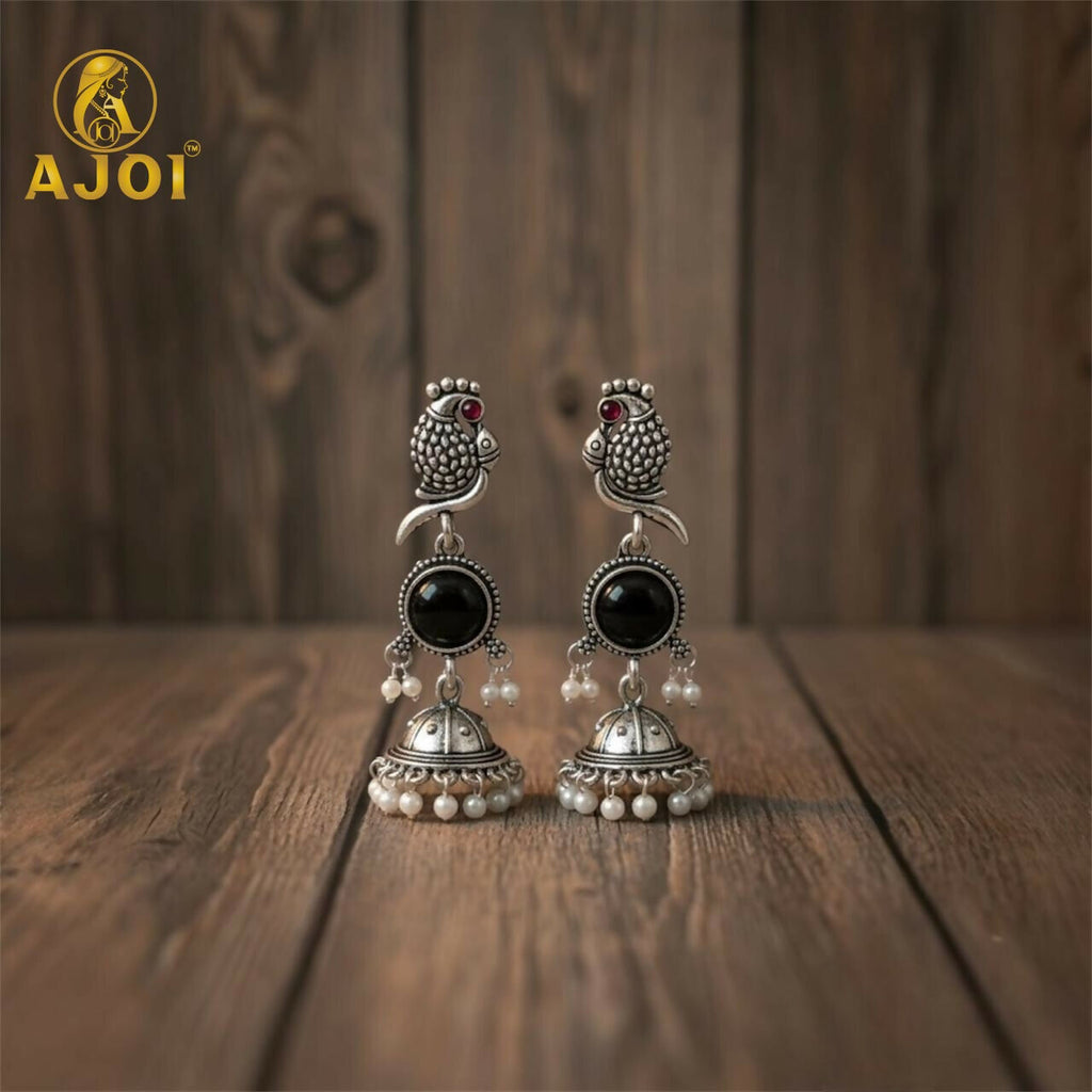 Peacock Earrings – Black Stone Jhumka in Oxidized Silver