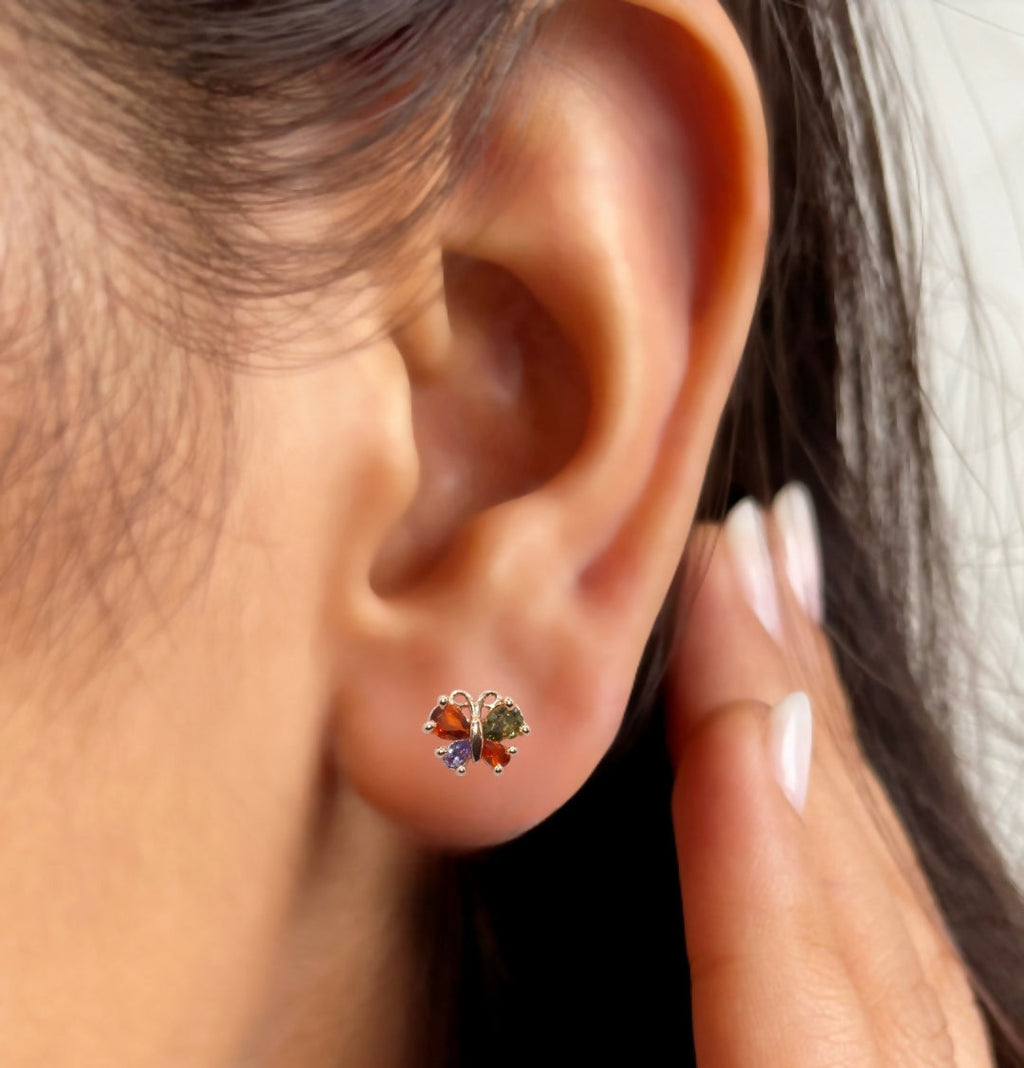 Butterfly Stud Earrings – Multi-Color CZ Rose Gold Finish