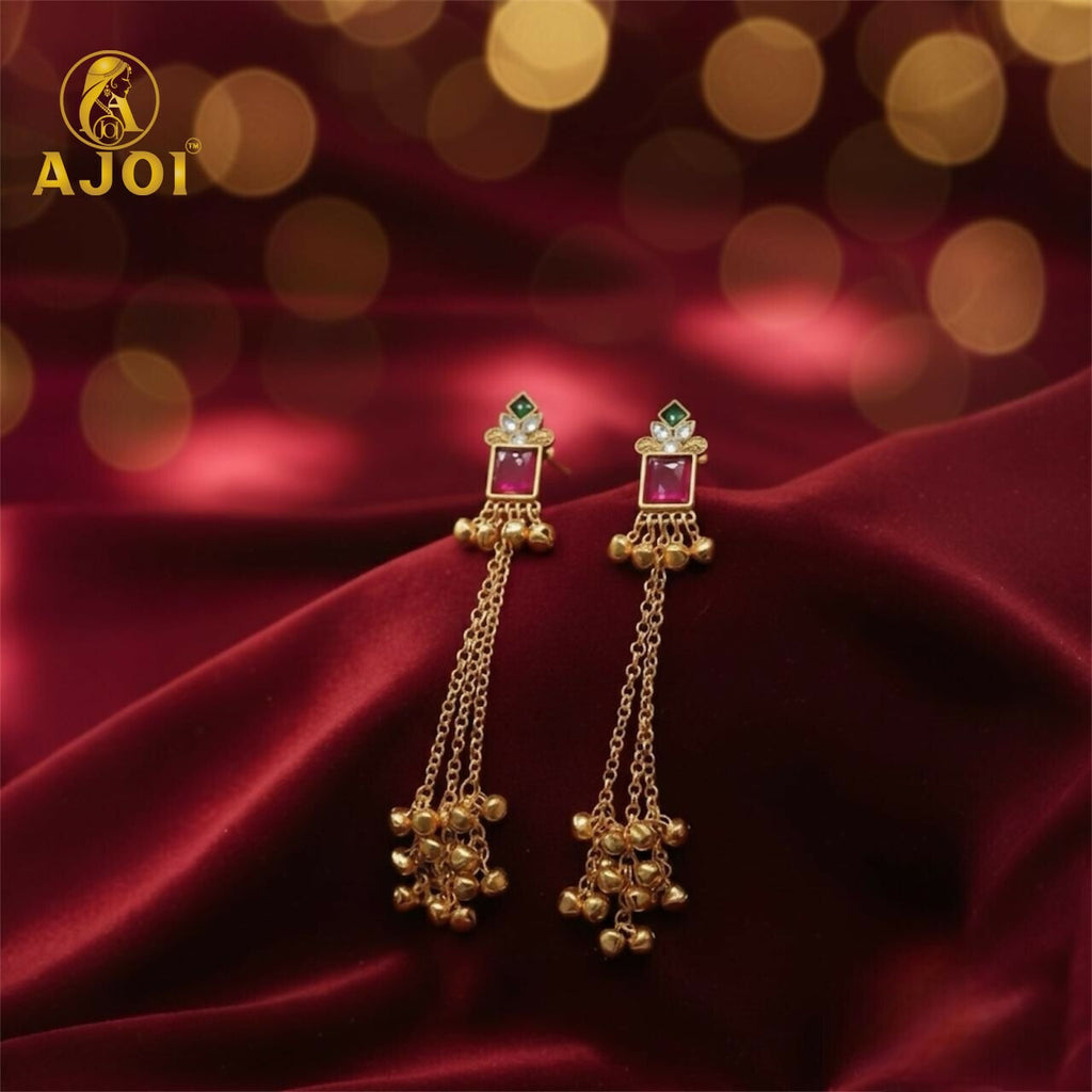 Kashmiri Long Chain Ghungroo Earrings – Elegant Pink & Gold Design