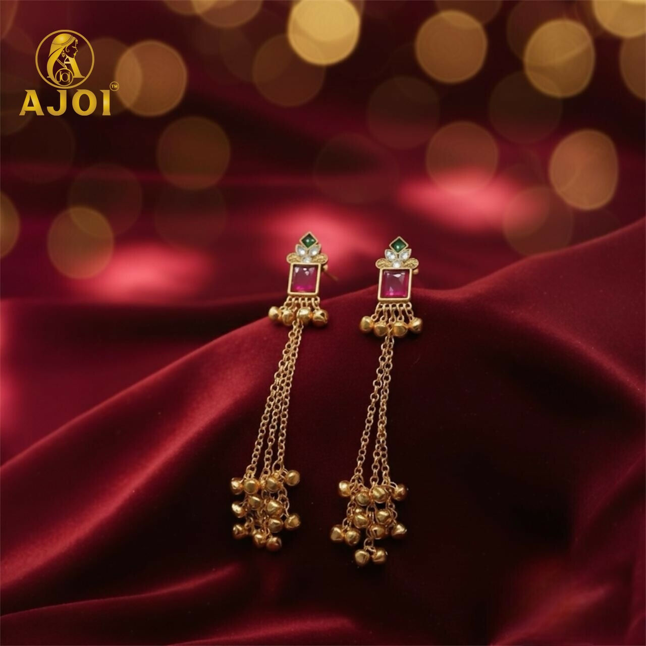 Kashmiri Long Chain Ghungroo Earrings – Elegant Pink & Gold Design