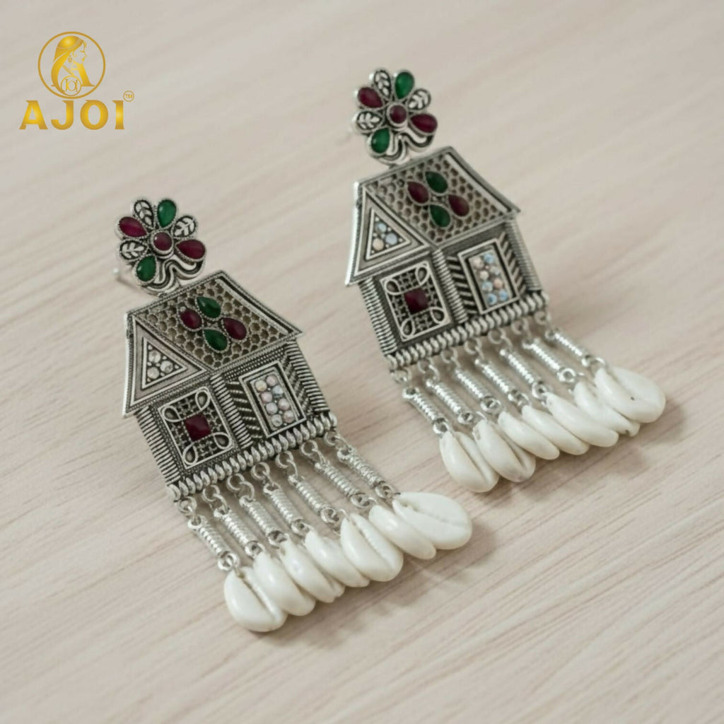 Oxidized Silver House Earrings – Multicolor Stones & Shell Danglers