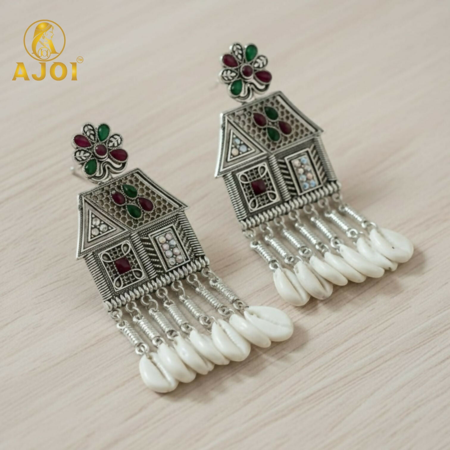 Oxidized Silver House Earrings – Multicolor Stones & Shell Danglers