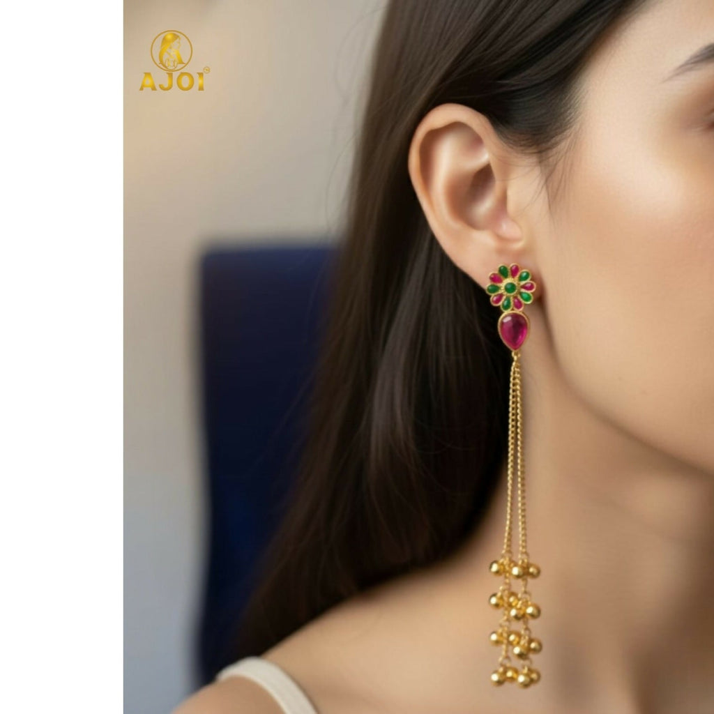 Kashmiri Gold Plated Long Chain Drop Earrings – Elegant Red & Green Stones