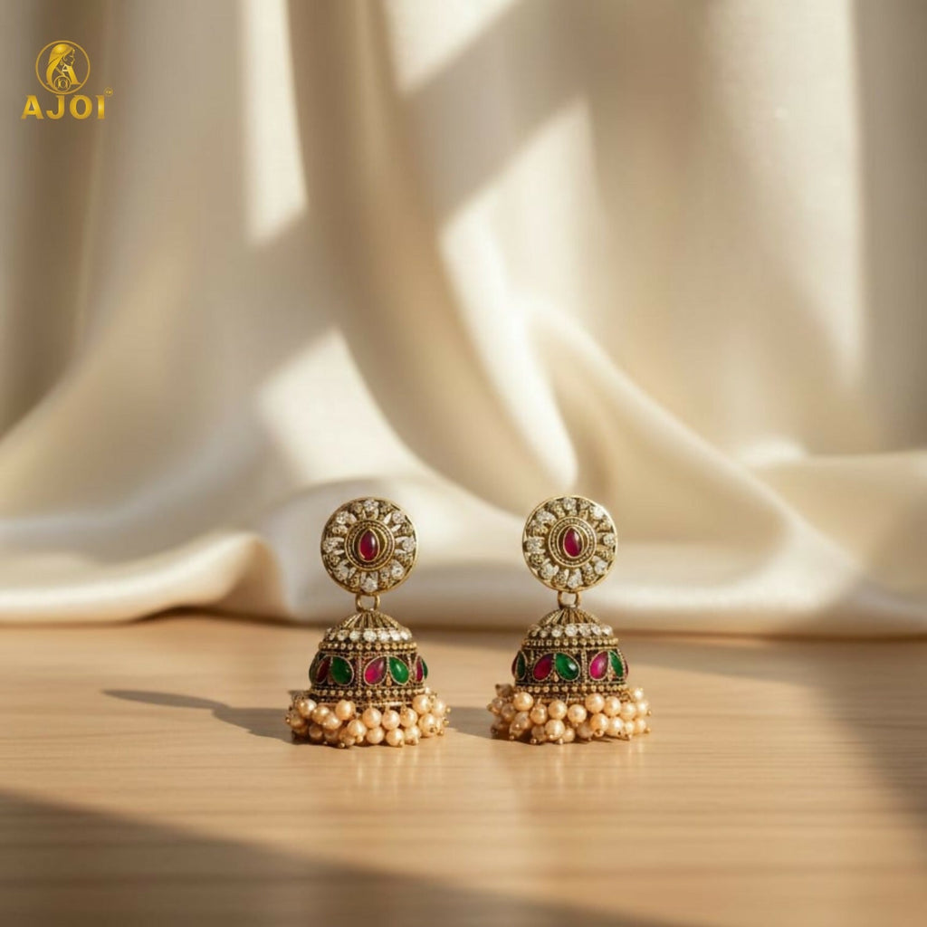 Antique Gold Pearl Drop Jhumka Earrings – Elegant Green & Pink Stones
