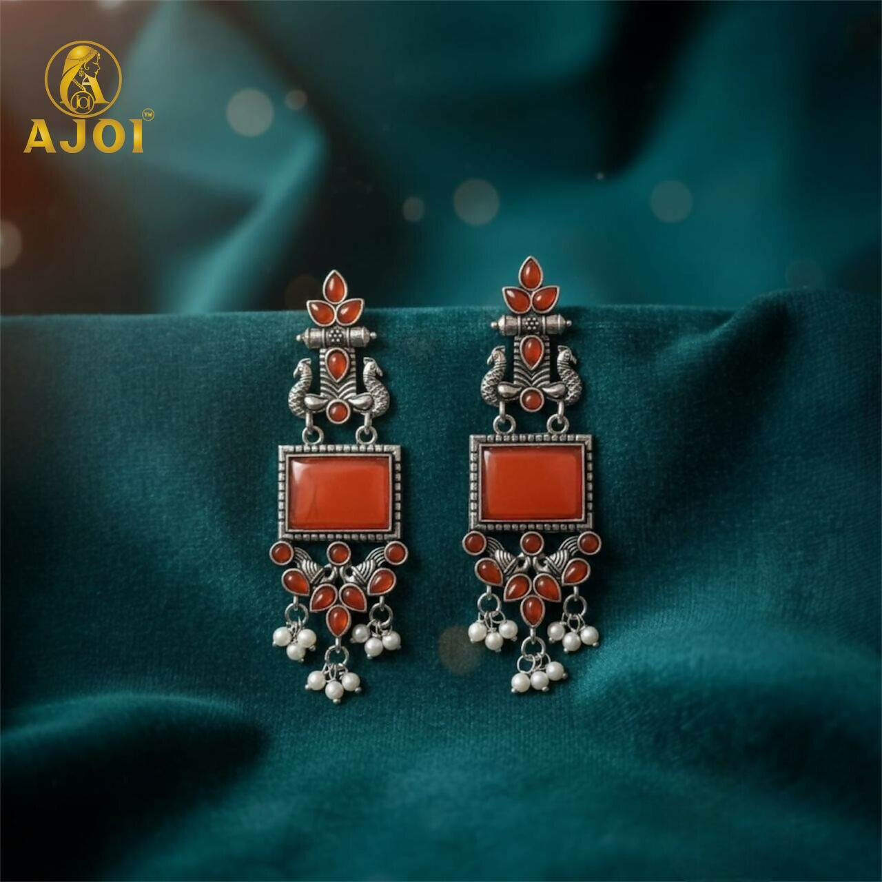 Red Stone Oxidised Silver Earrings with Pearl Danglers – Elegant Ethnic Jewelry