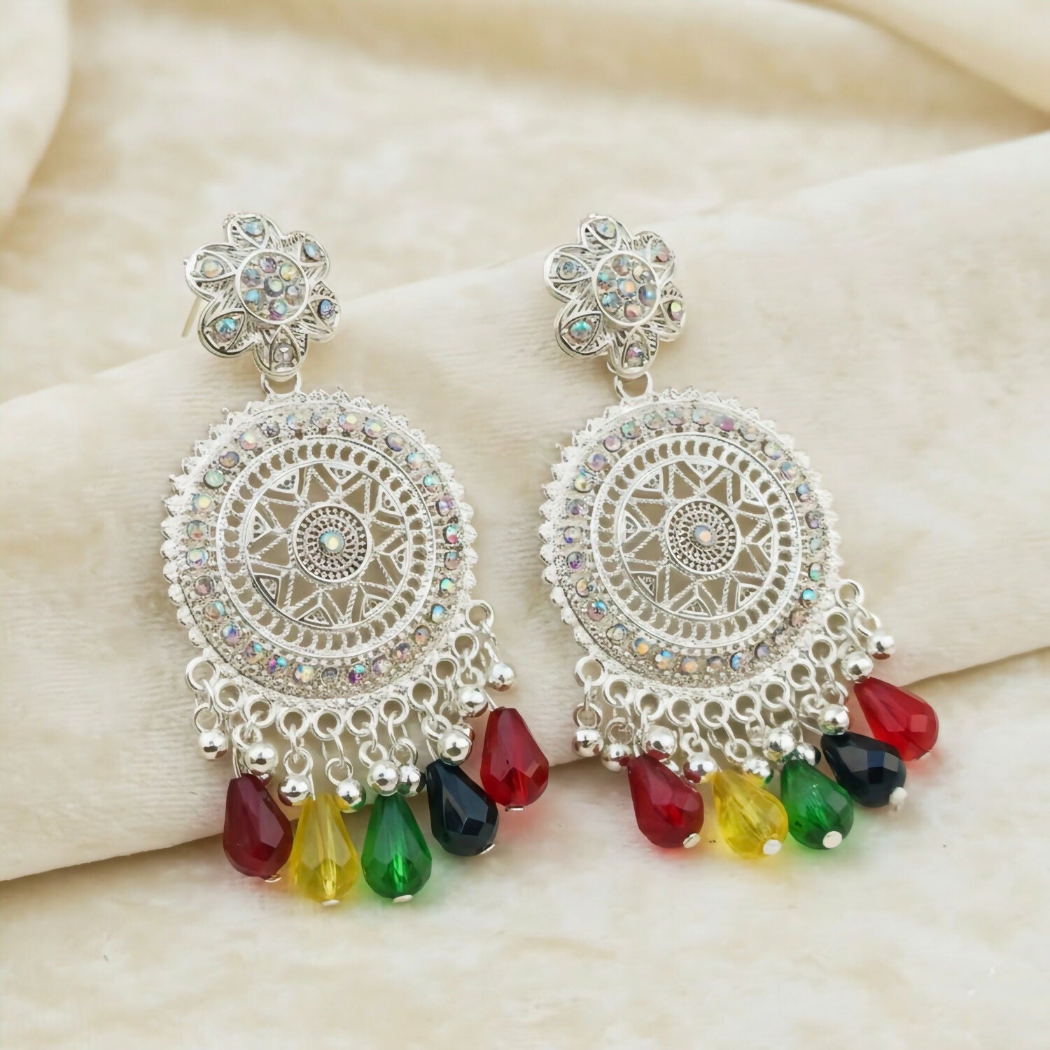 Oxidized Silver Mandala Drop Earrings with Multi-Color Crystals