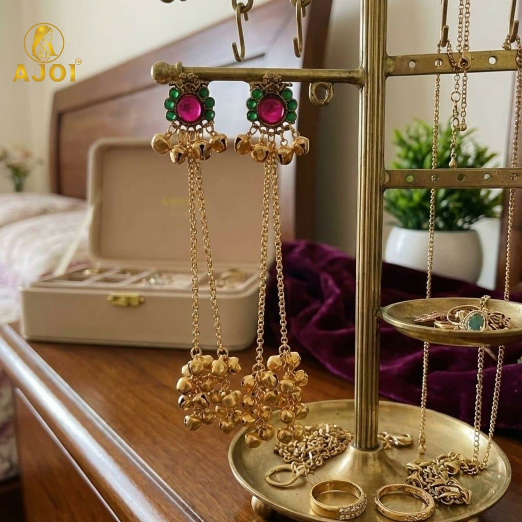 Kashmiri Gold-Plated Ear Cuff Chain Earrings – Ruby & Emerald Stones