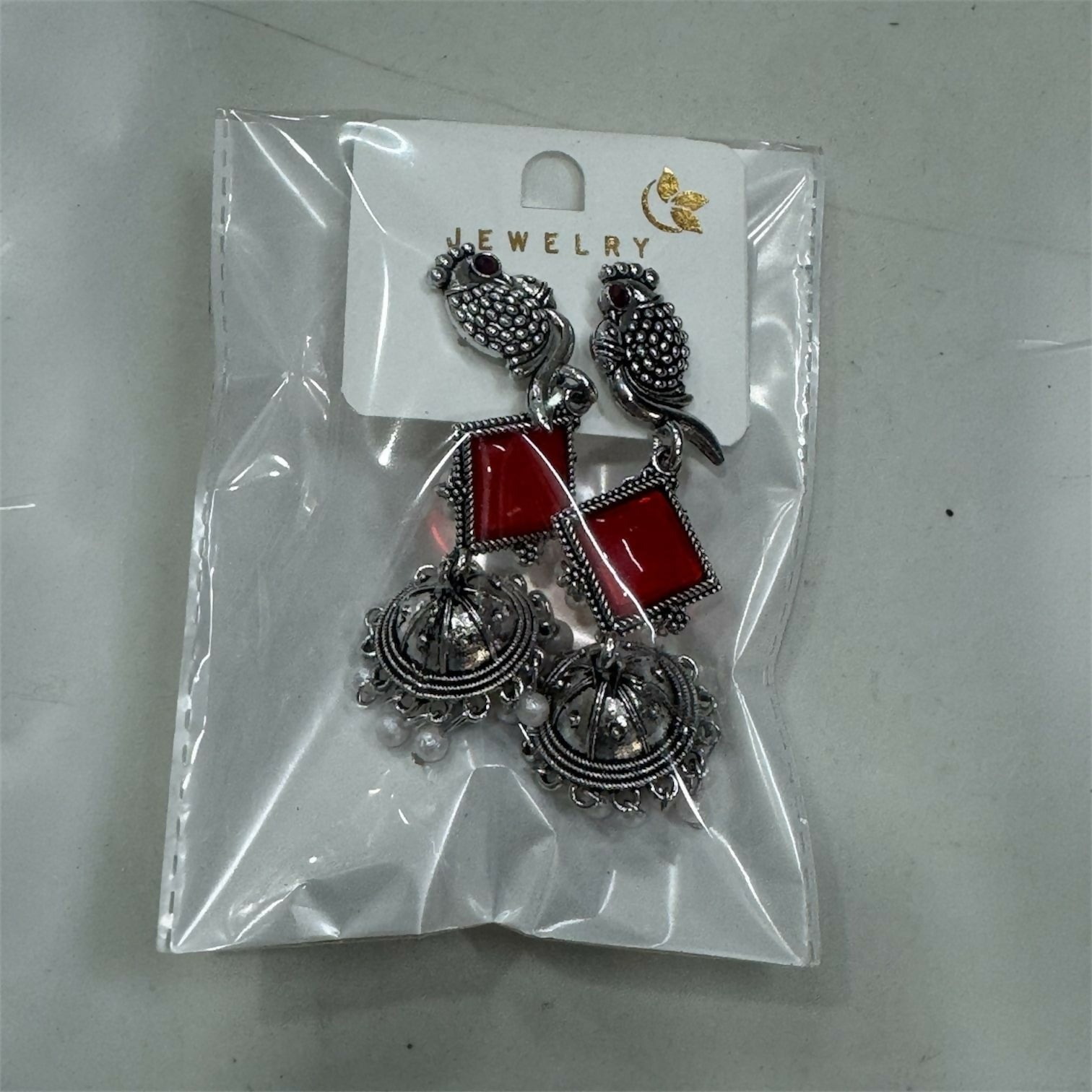 Oxidised Silver Red Stone Jhumka Earrings – Parrot Design Beauty