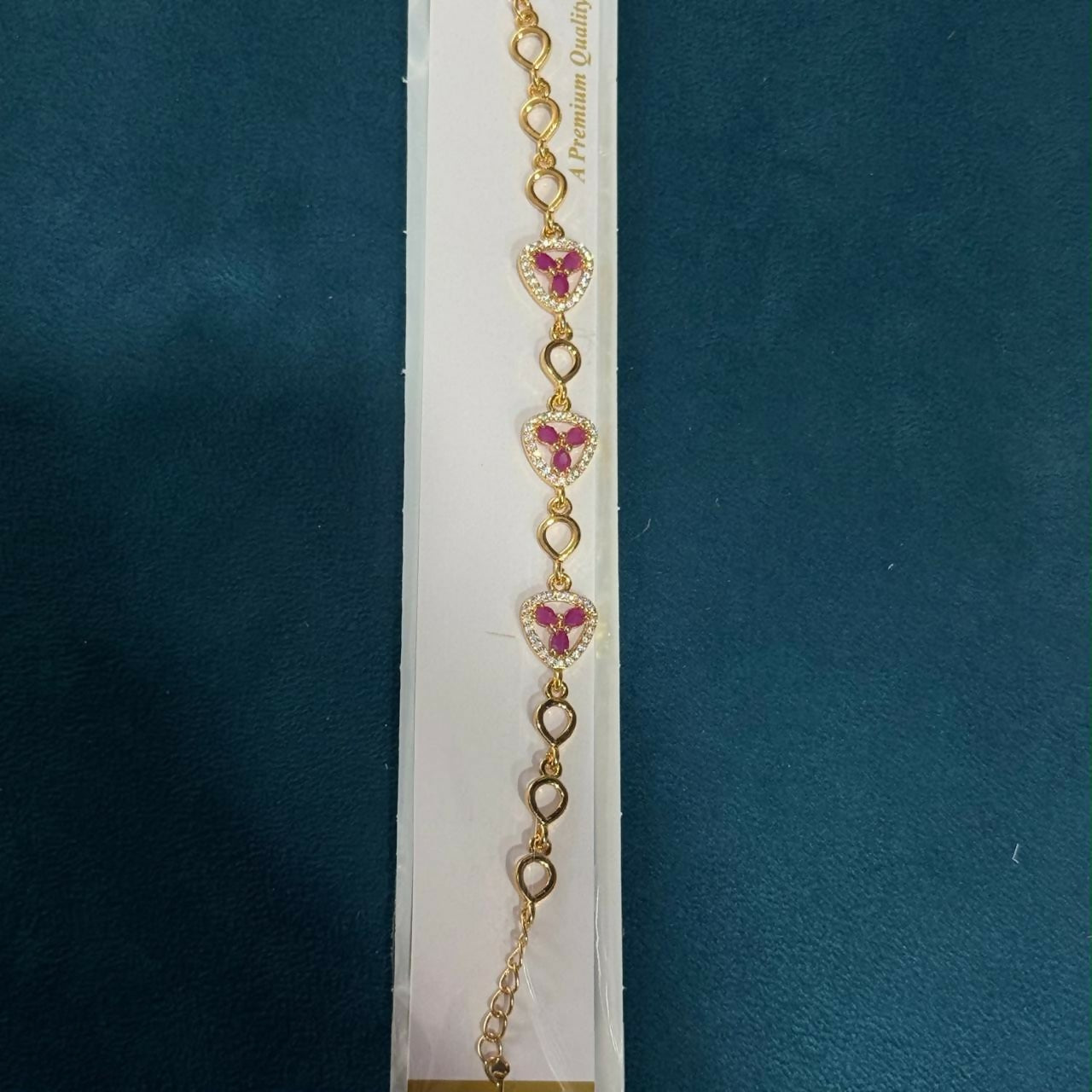Pink Stone Clover Triangle Bracelet with Crystal Halo and Gold-Tone Links for Women