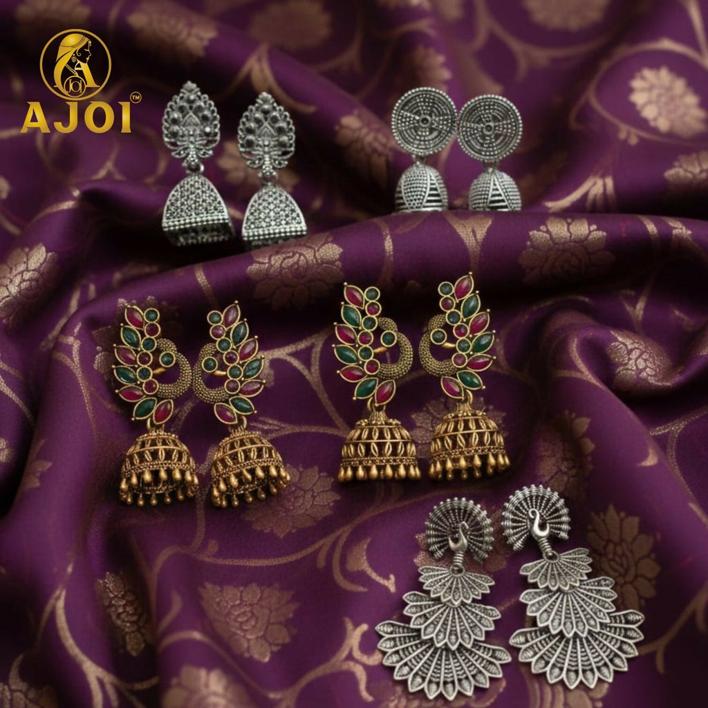 Peacock Temple Earrings Combo – Elegant Oxidized Silver & Antique Gold