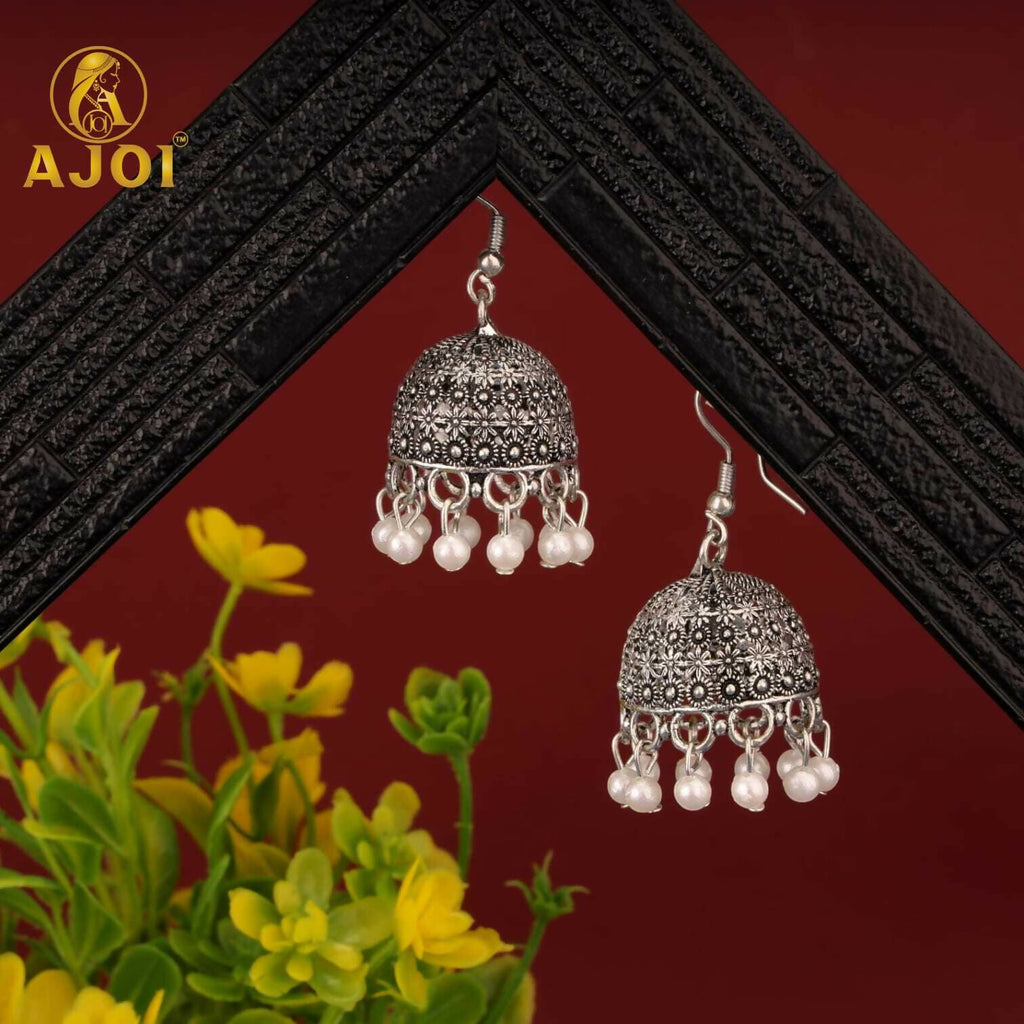 Oxidised Silver Jhumka Earrings Set - Pearl & Beaded Combo