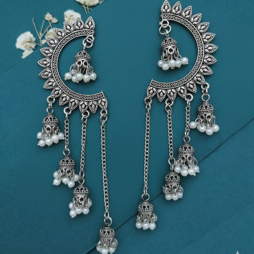 Oxidized Crescent Chandbali Earrings – Elegant Pearl Jhumka Drops
