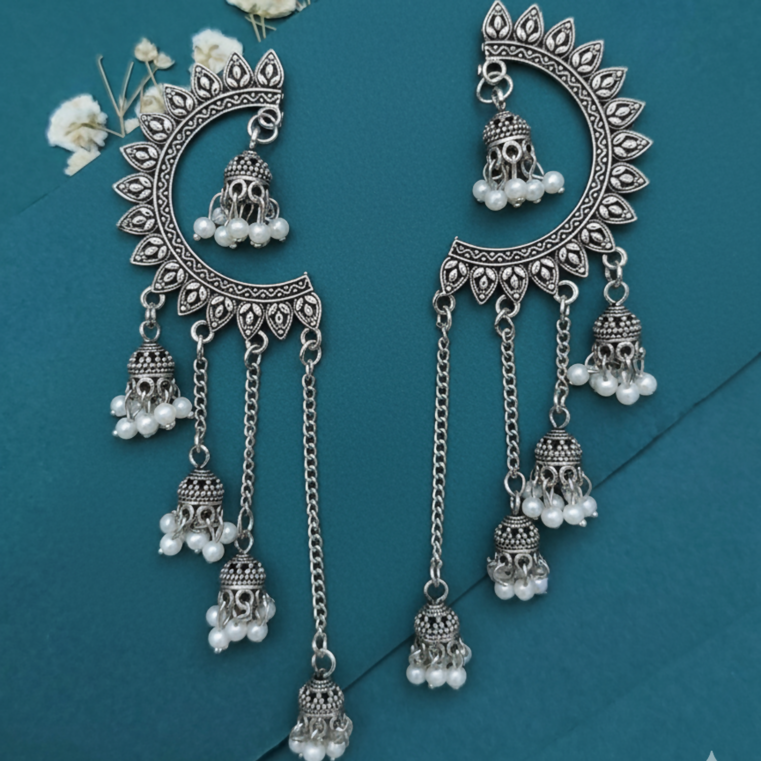 Oxidized Crescent Chandbali Earrings – Elegant Pearl Jhumka Drops