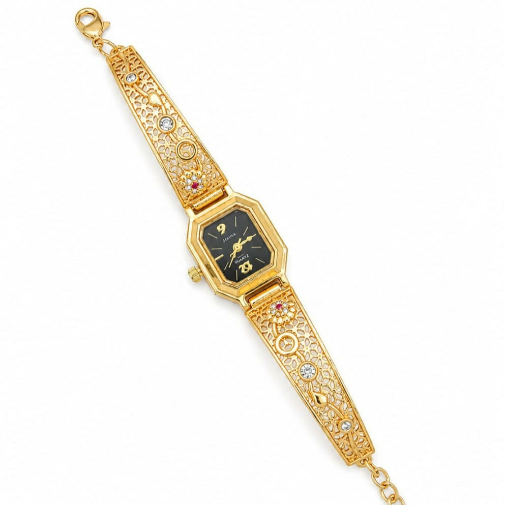 Vintage Gold-Tone Filigree Bracelet Watch for Women – Crystal Accent Black Dial Elegant Jewelry Wristwatch