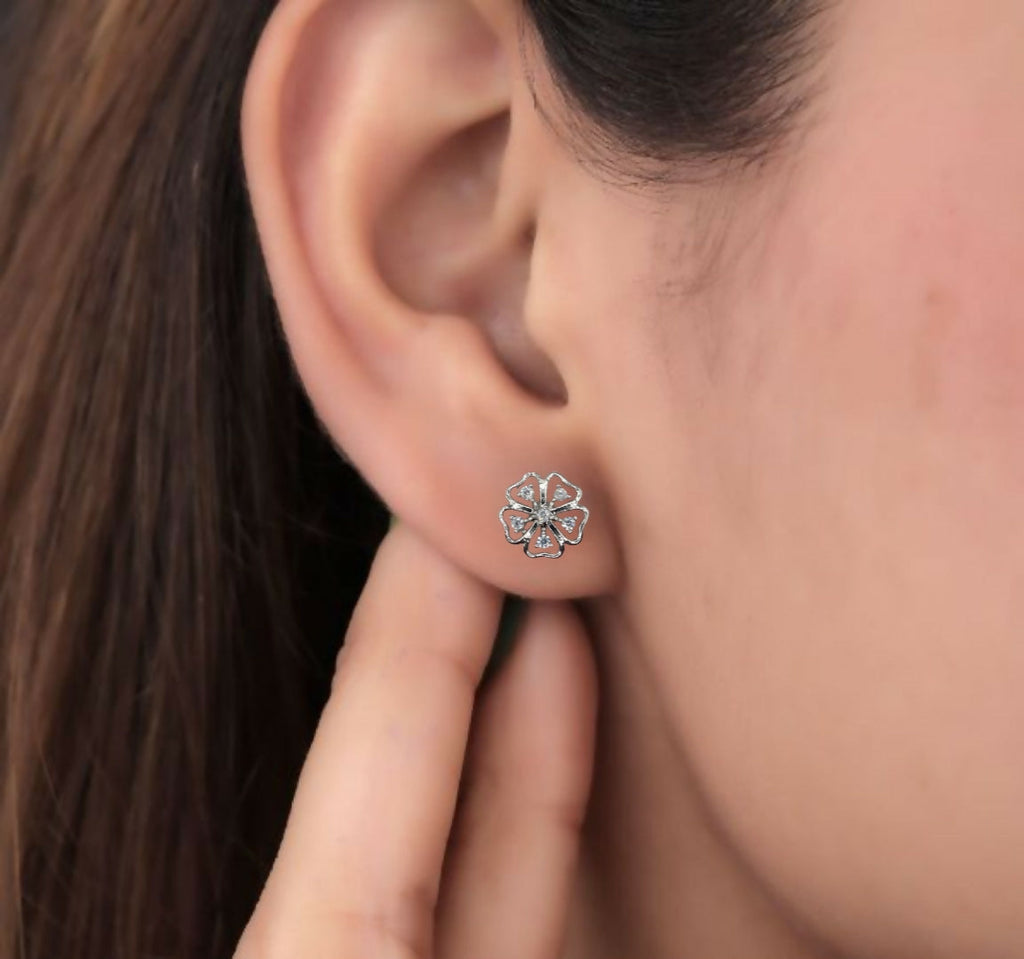 Sterling Silver Floral Stud Earrings – Delicate Cubic Zirconia Design