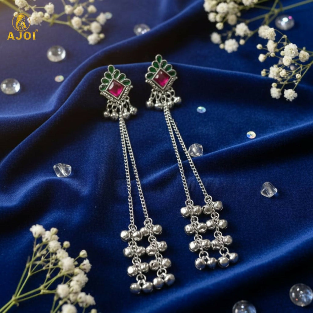 Kashmiri Style Silver Plated Long Chain Drop Earrings – Elegant Ethnic Jewellery