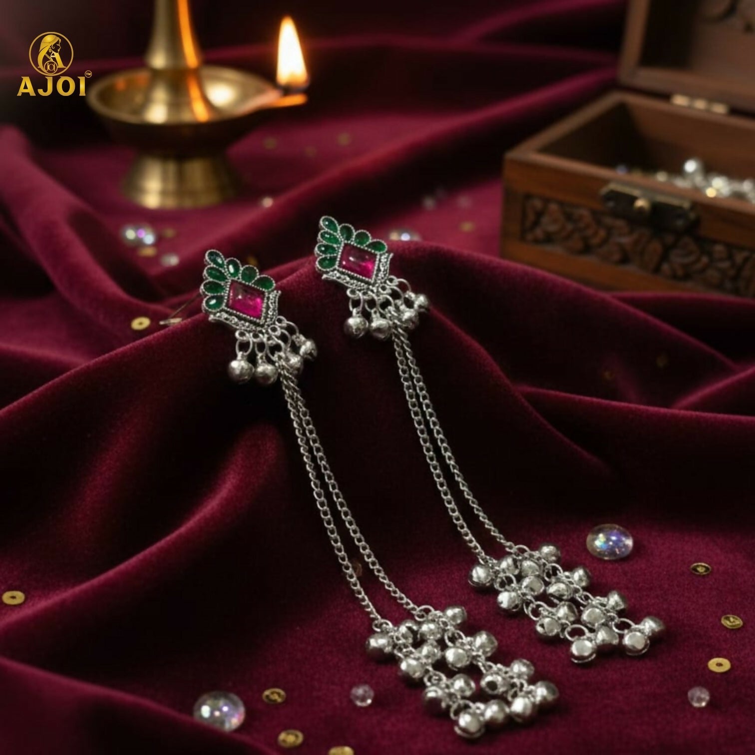 Kashmiri Style Silver Plated Long Chain Drop Earrings – Elegant Ethnic Jewellery