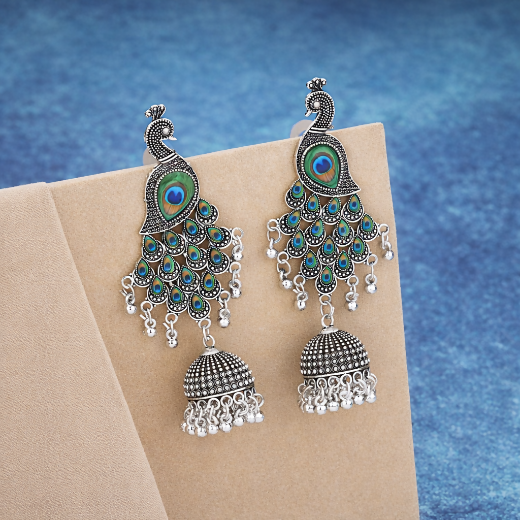 Peacock Jhumka Earrings – Premium Oxidised Silver Ethnic Design