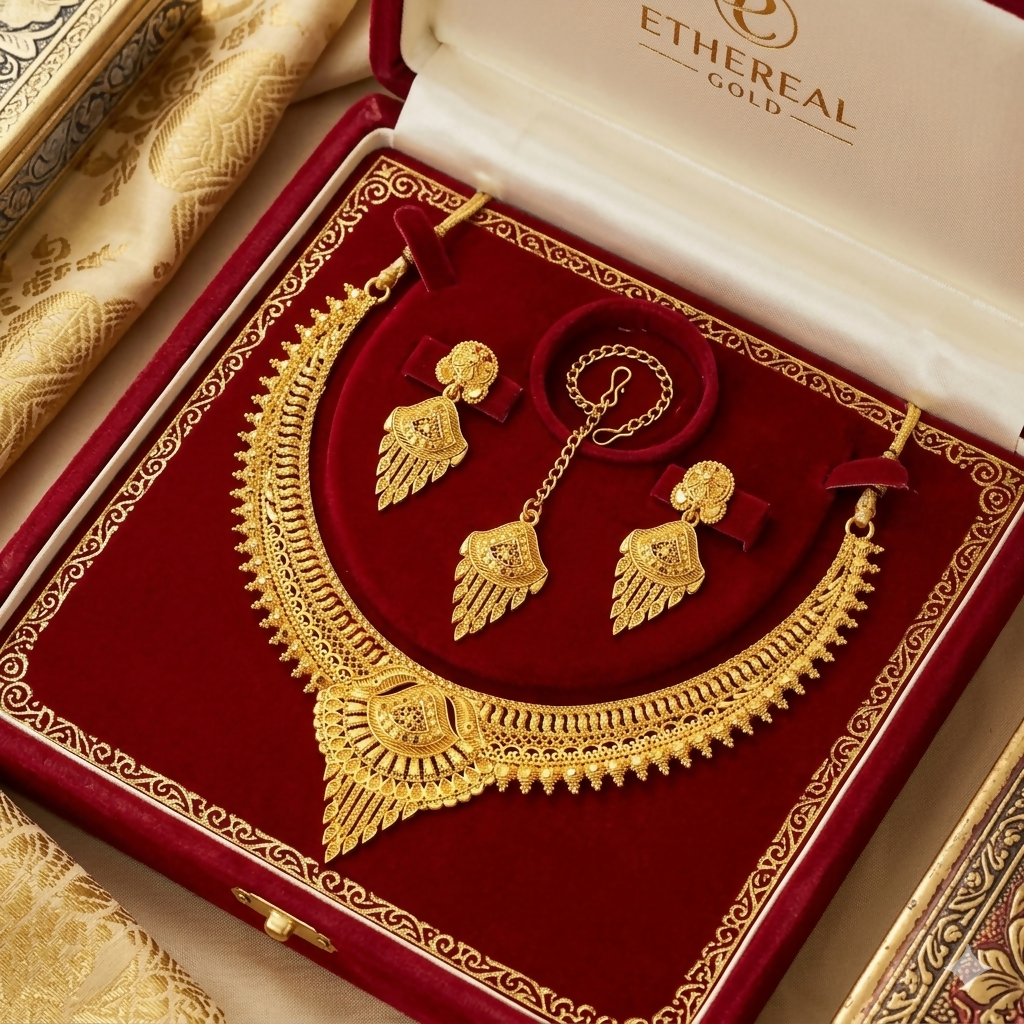 Elegant Gold-Tone Necklace Set with Leaf Pendant, Earrings and Maang Tikka for Women