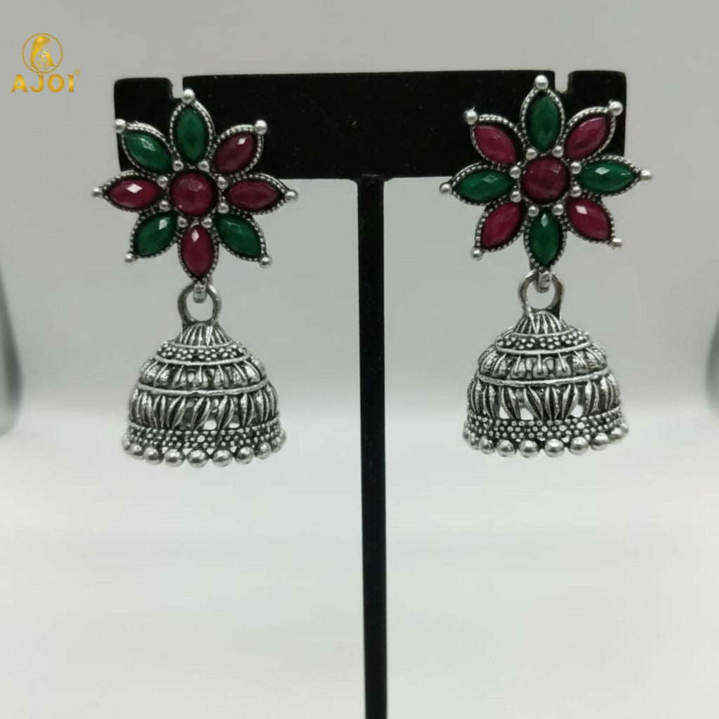 Floral Jhumka Earrings – Elegant Oxidized Silver Design