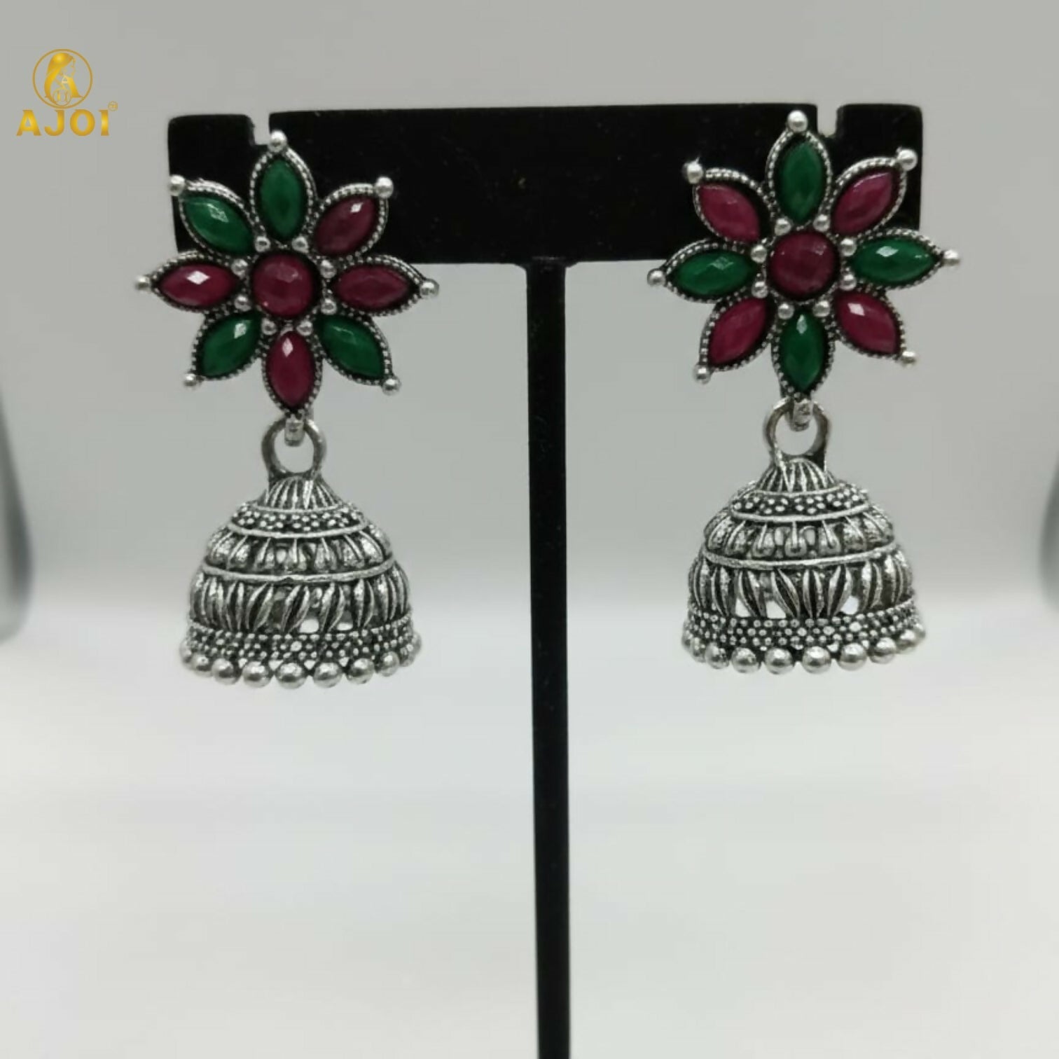 Floral Jhumka Earrings – Elegant Oxidized Silver Design