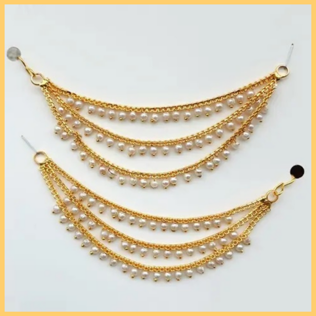 Gold Plated Ruby Emerald Stone Ear Chain – Traditional 3 Layer Drop Jewellery