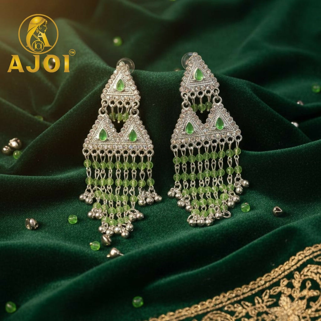Emerald Drop Silver Statement Earrings – Elegant Beaded Tassels