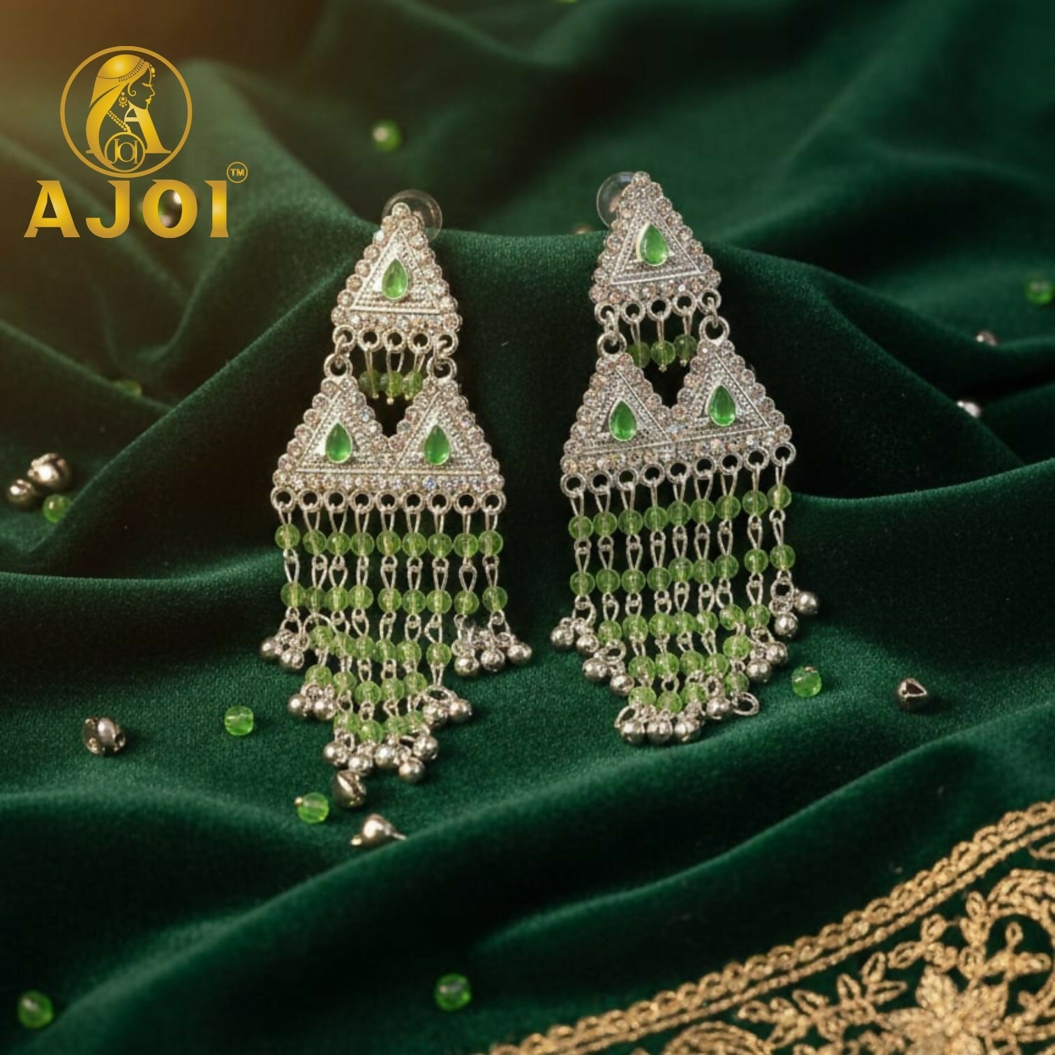 Emerald Drop Silver Statement Earrings – Elegant Beaded Tassels