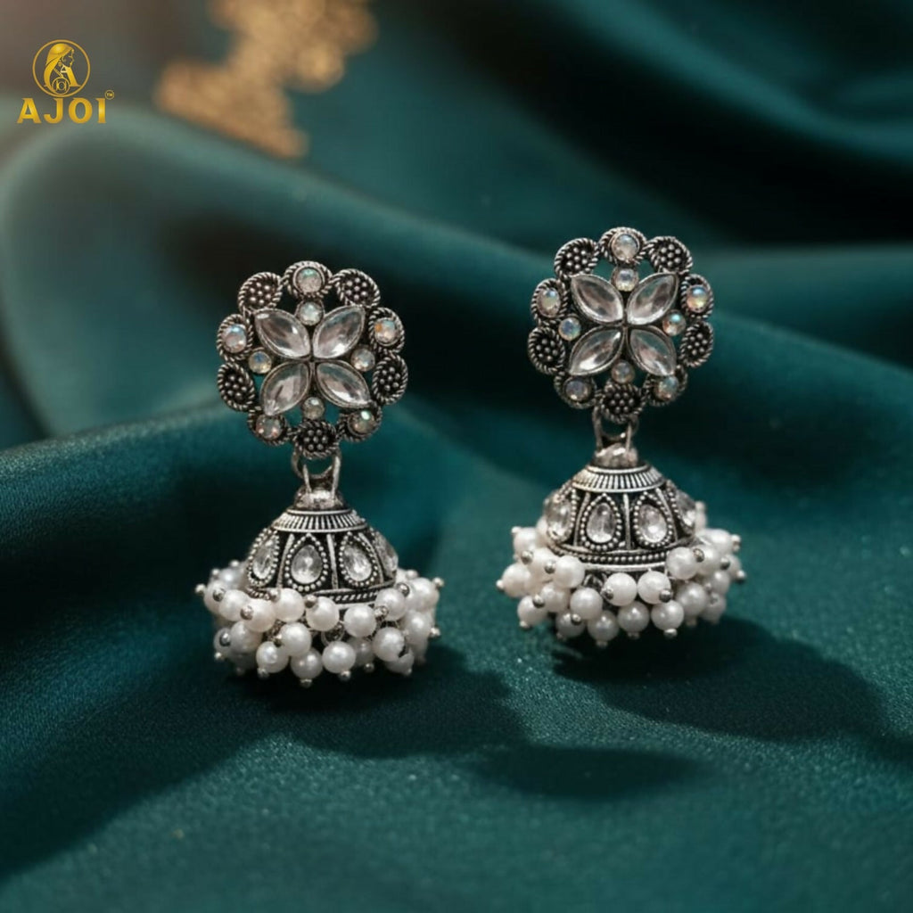 Silver Oxidized Floral Jhumka Earrings – Elegant Pearl Drops Design