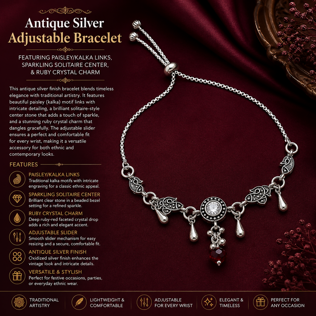 Oxidized Silver Peacock Bracelet with Kundan Stone & Red Bead Charms Adjustable Chain