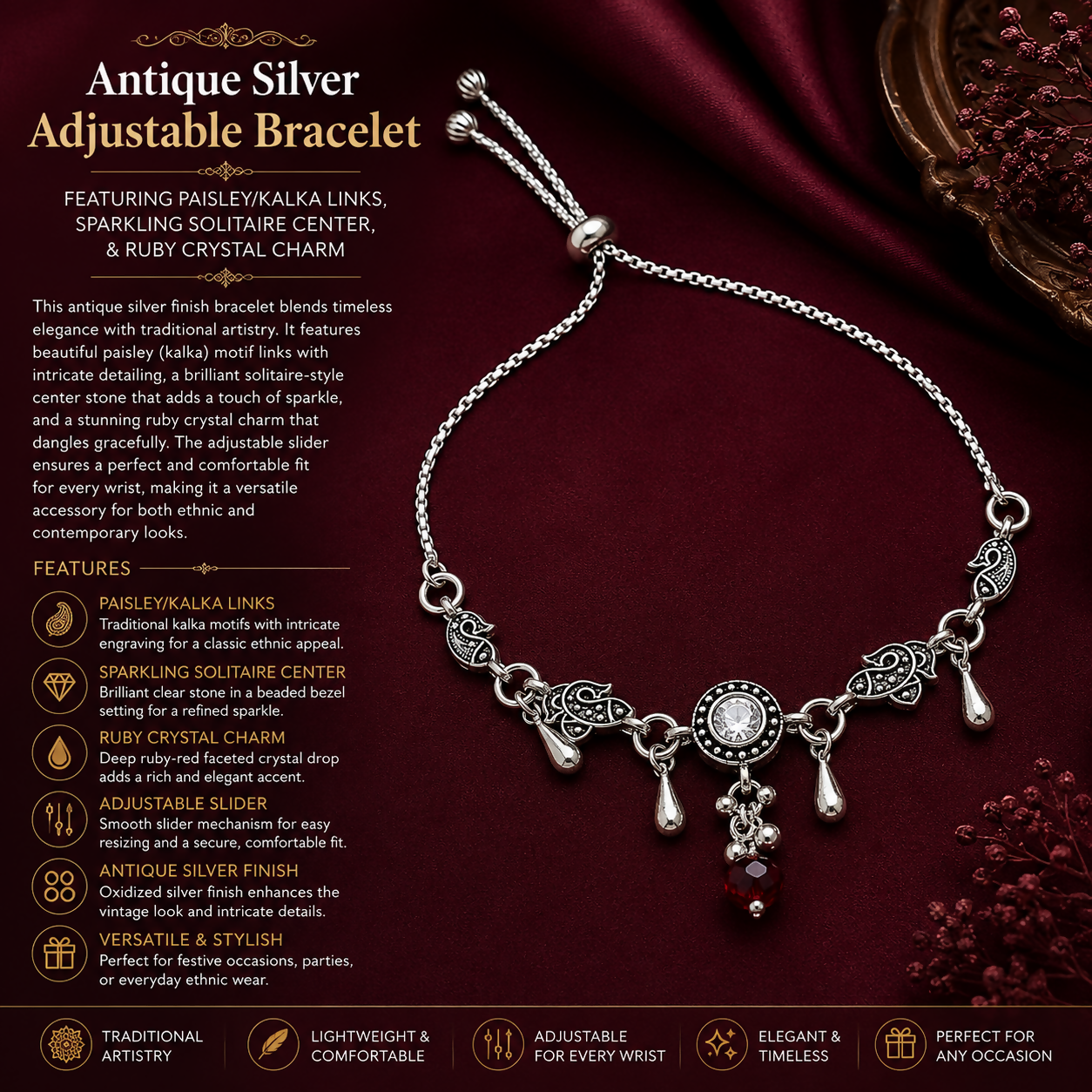 Oxidized Silver Peacock Bracelet with Kundan Stone & Red Bead Charms Adjustable Chain