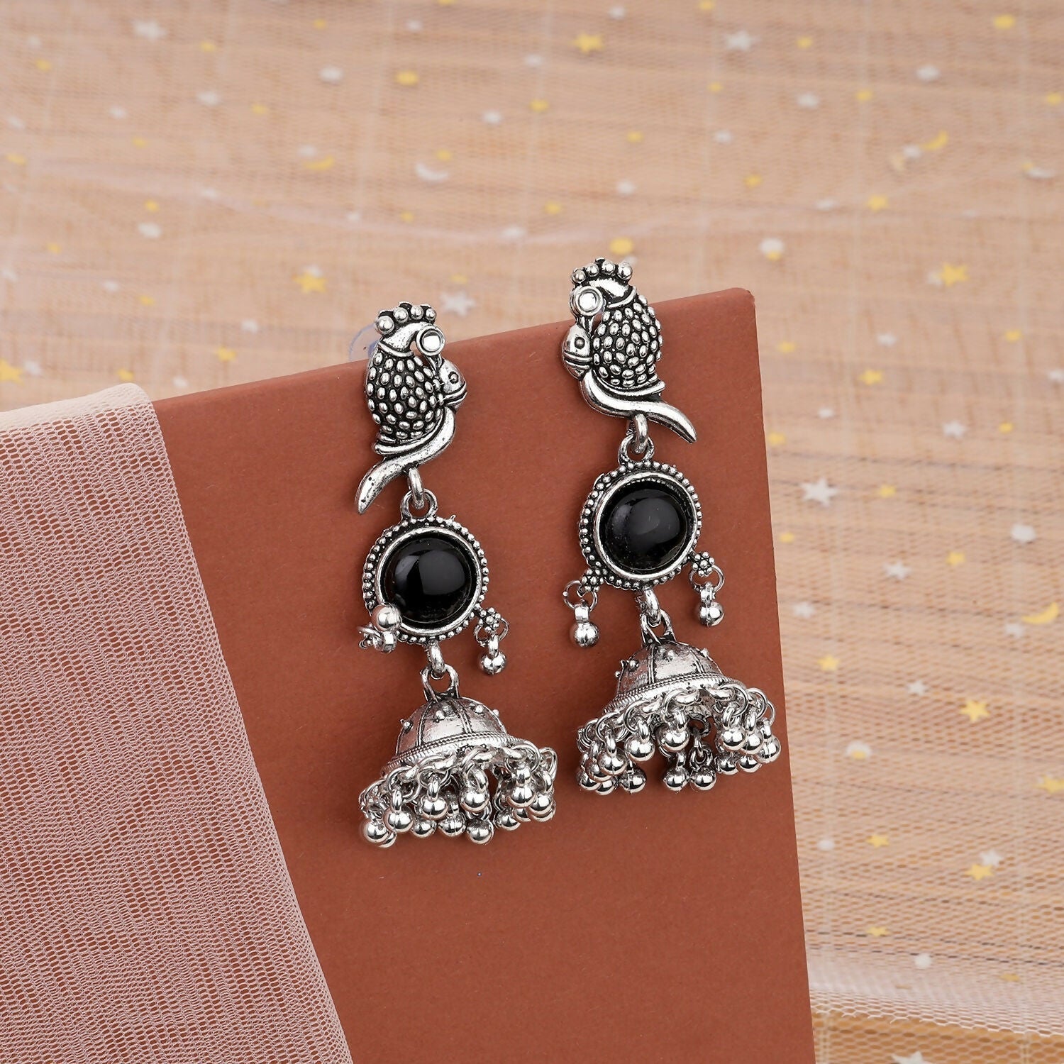 Owl Jhumka Earrings – Oxidized Silver with Black Stone Accent