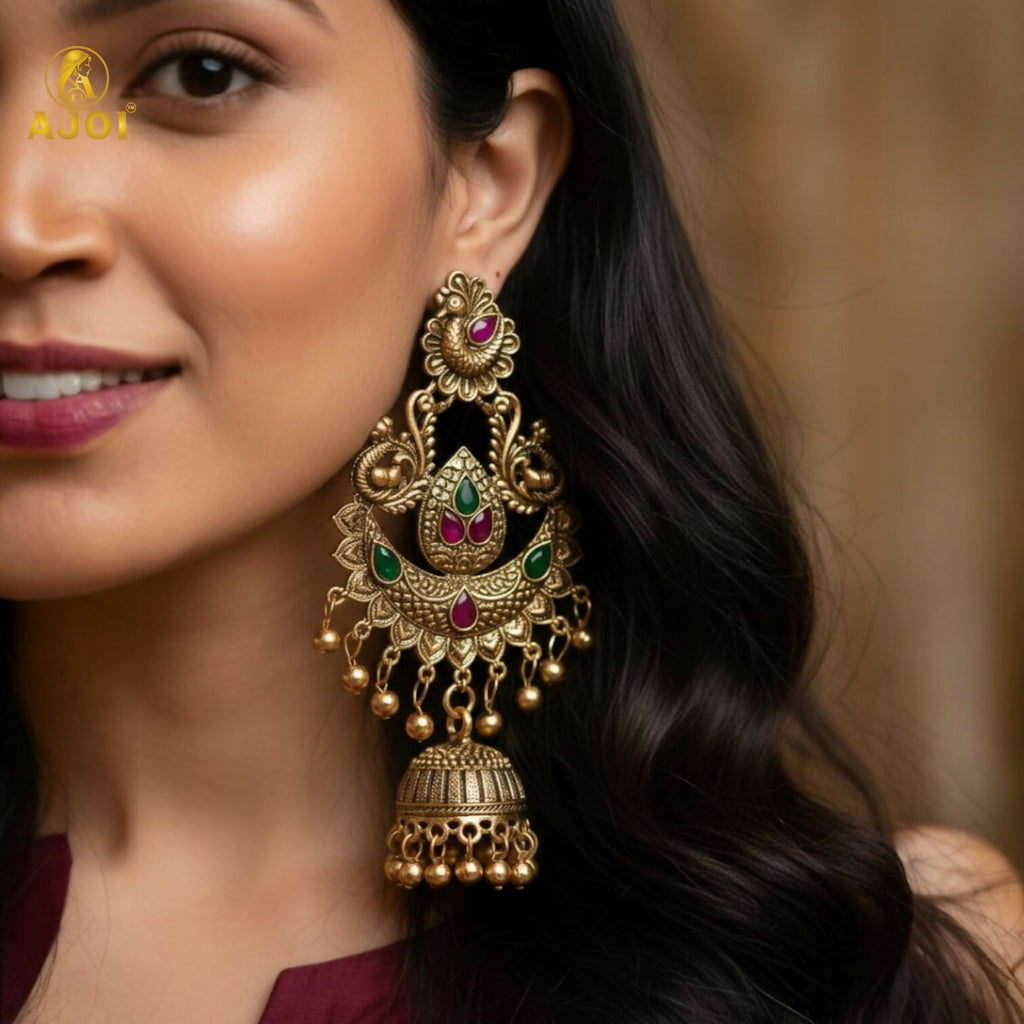 Peacock Jhumka Earrings – Gold Plated with Green & Pink Stones