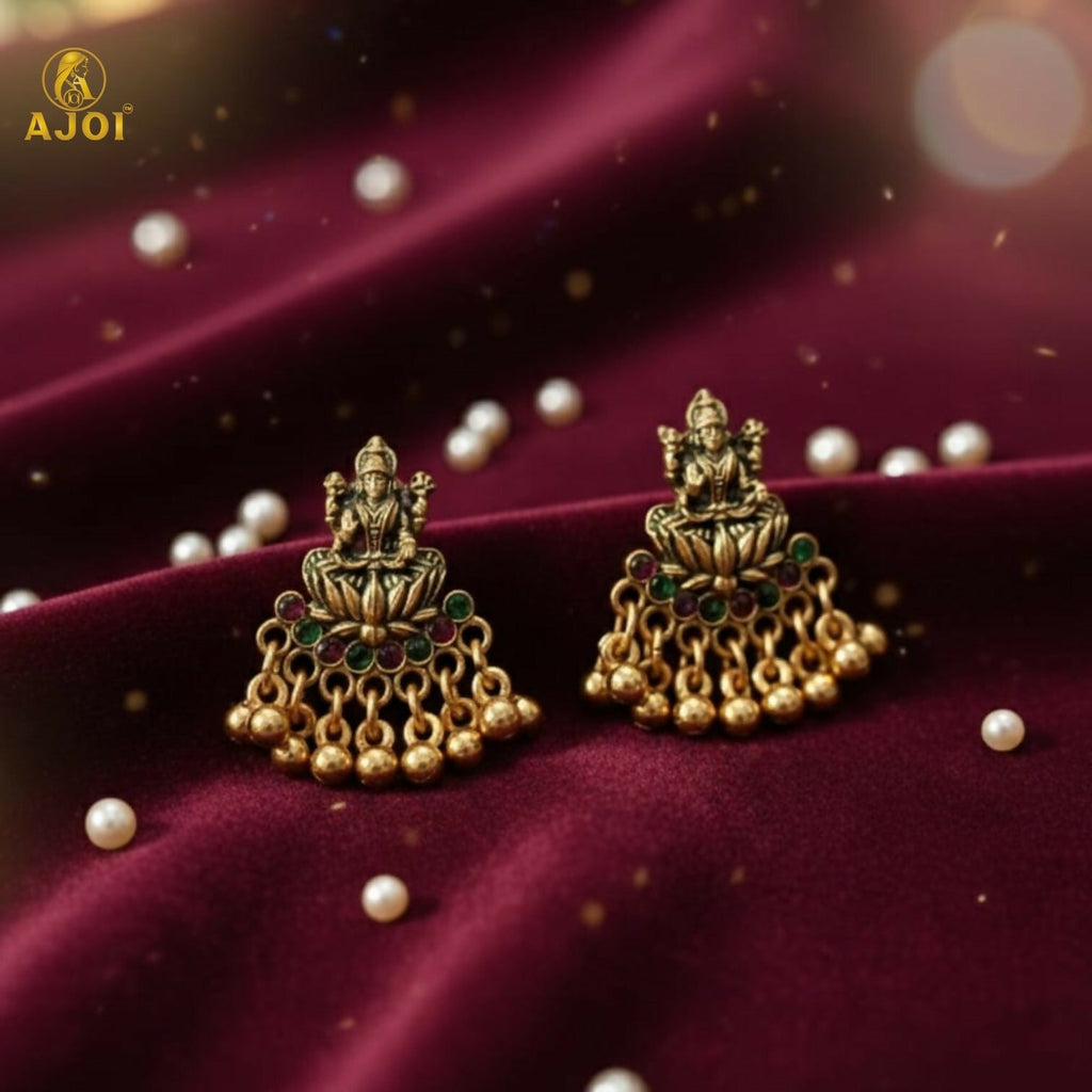 Lakshmi Idol Mini Jhumka Earrings – Antique Gold with Multicolor Stones