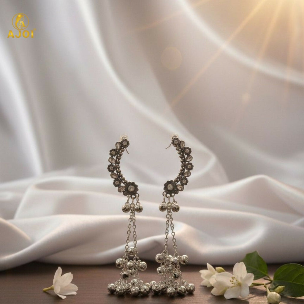 Silver Oxidised Chandbali Jhumka Earrings with Ghungroo Dangles – Elegant Festive Jewellery