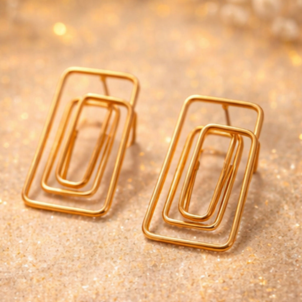 Gold Finish Geometric Rectangle Earrings – Lightweight Modern Fashion