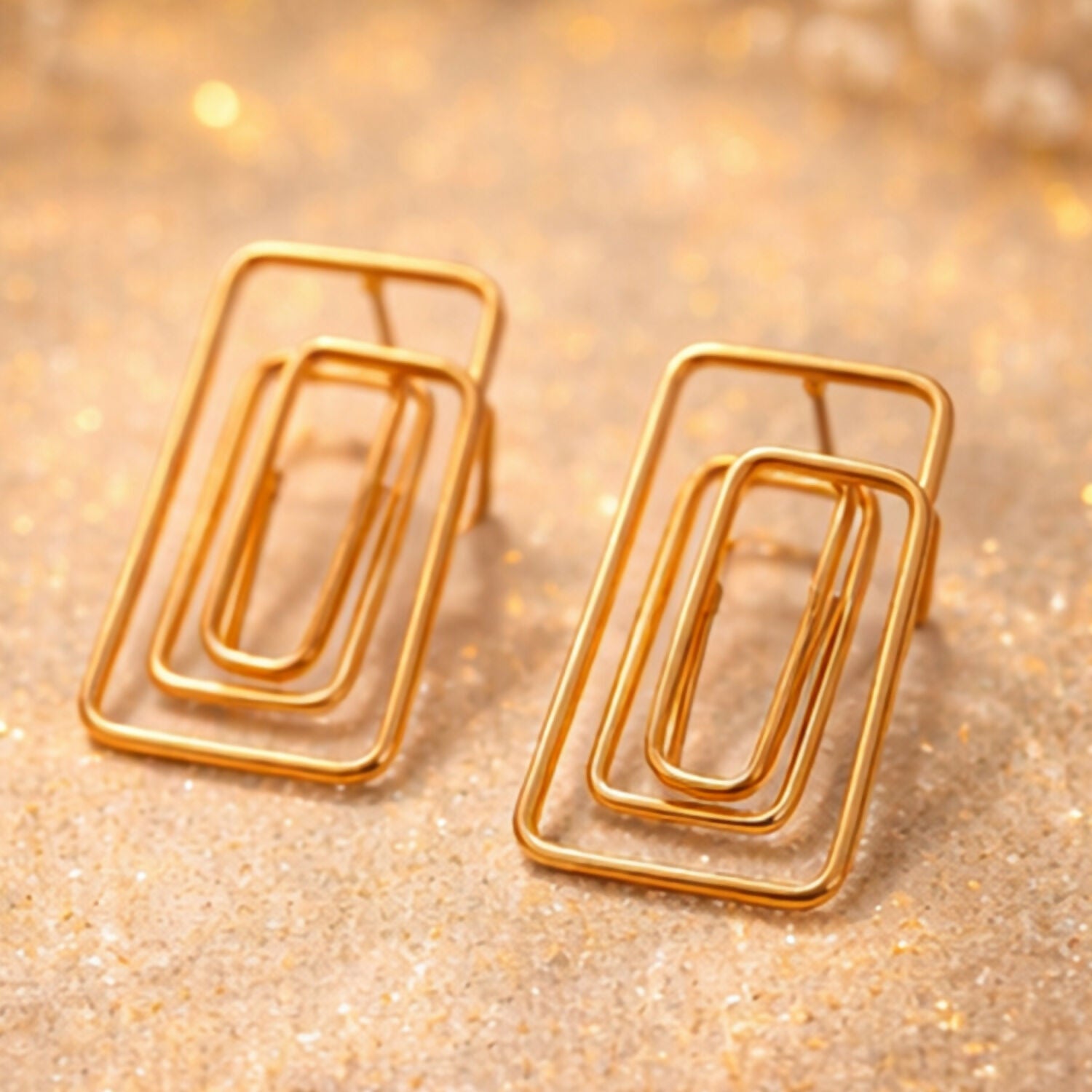 Gold Finish Geometric Rectangle Earrings – Lightweight Modern Fashion