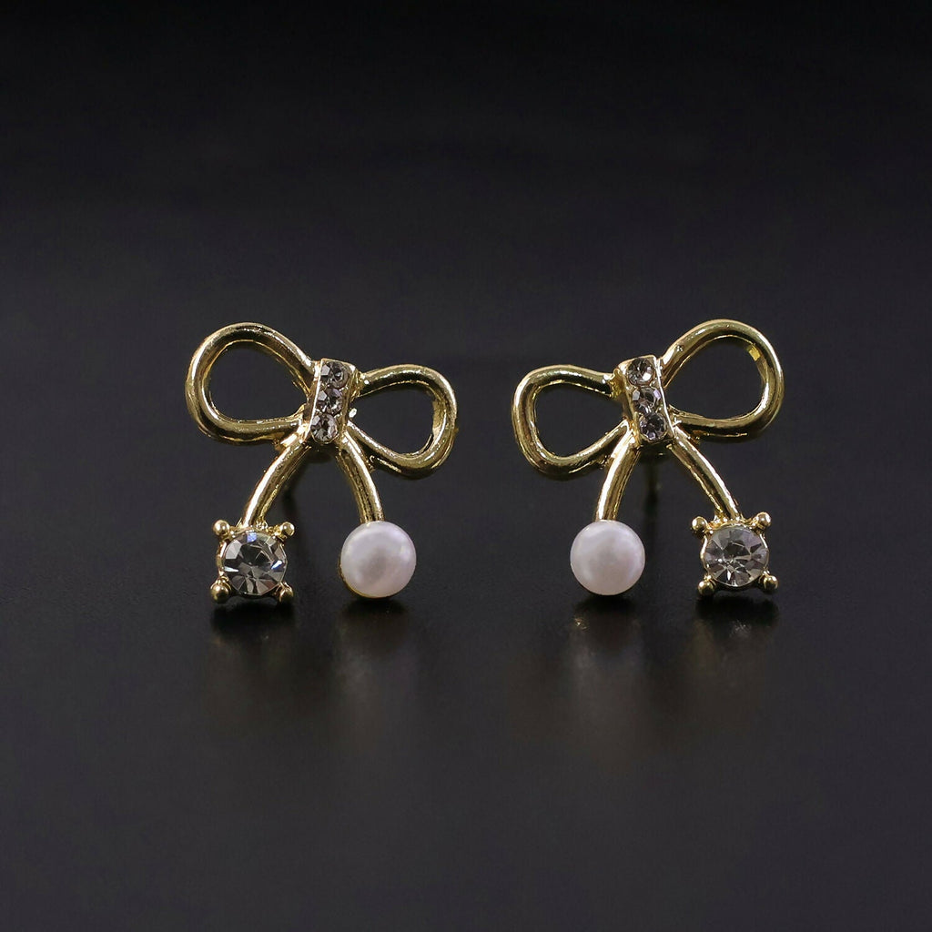 Bow-Knot Crystal Pearl Stud Earrings – Korean Minimalist Style