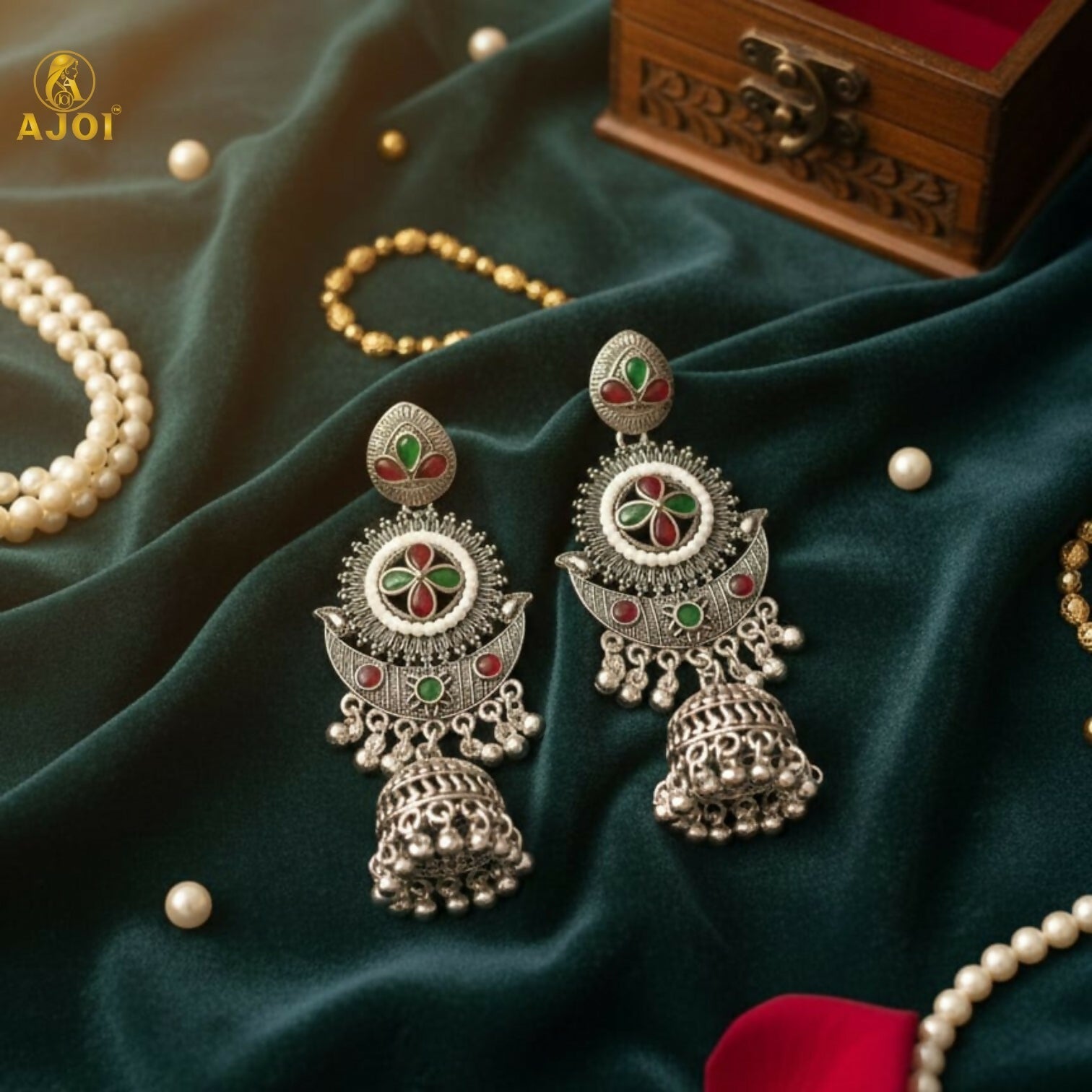 Oxidized Silver Jhumka Earrings – Multicolor Ethnic Elegance
