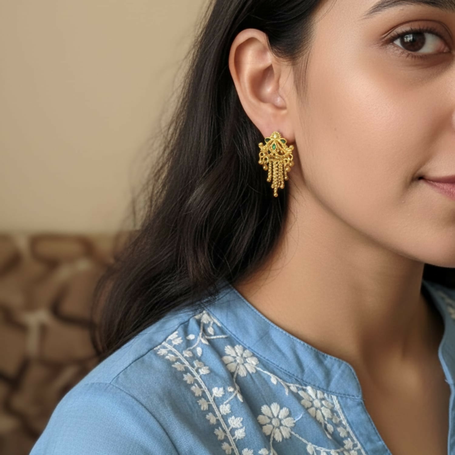 Gold-Plated Jhumka Earrings – Traditional Mina Work with Filigree