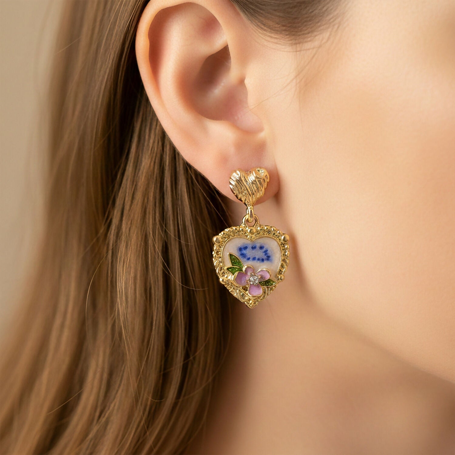 Korean Heart Floral Drop Earrings – Gold Plated Pearl & Crystal
