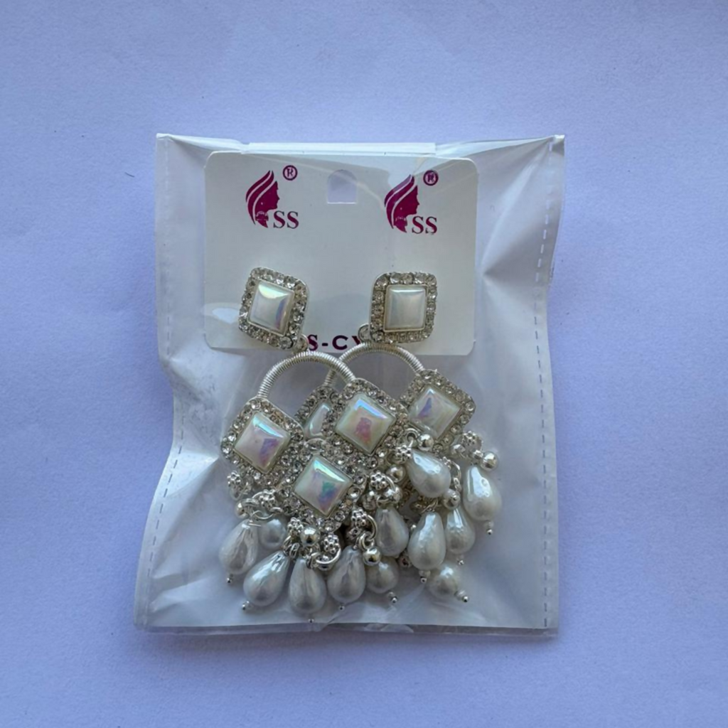 Silver Plated Chandelier Earrings – Elegant Square Crystals & Teardrop Beads