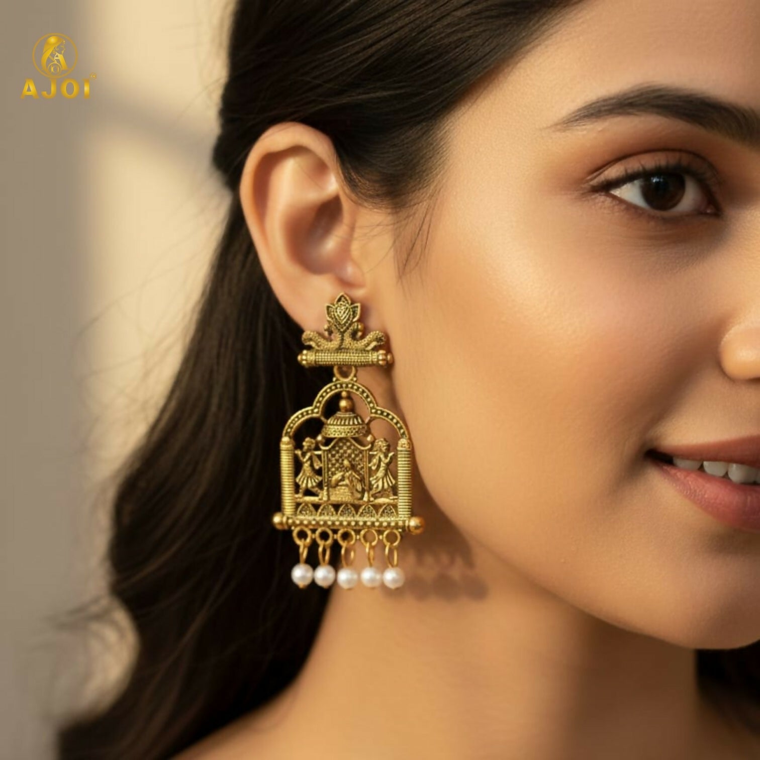 Royal Doli Motif Temple Earrings – Gold-Tone with Pearl Danglers