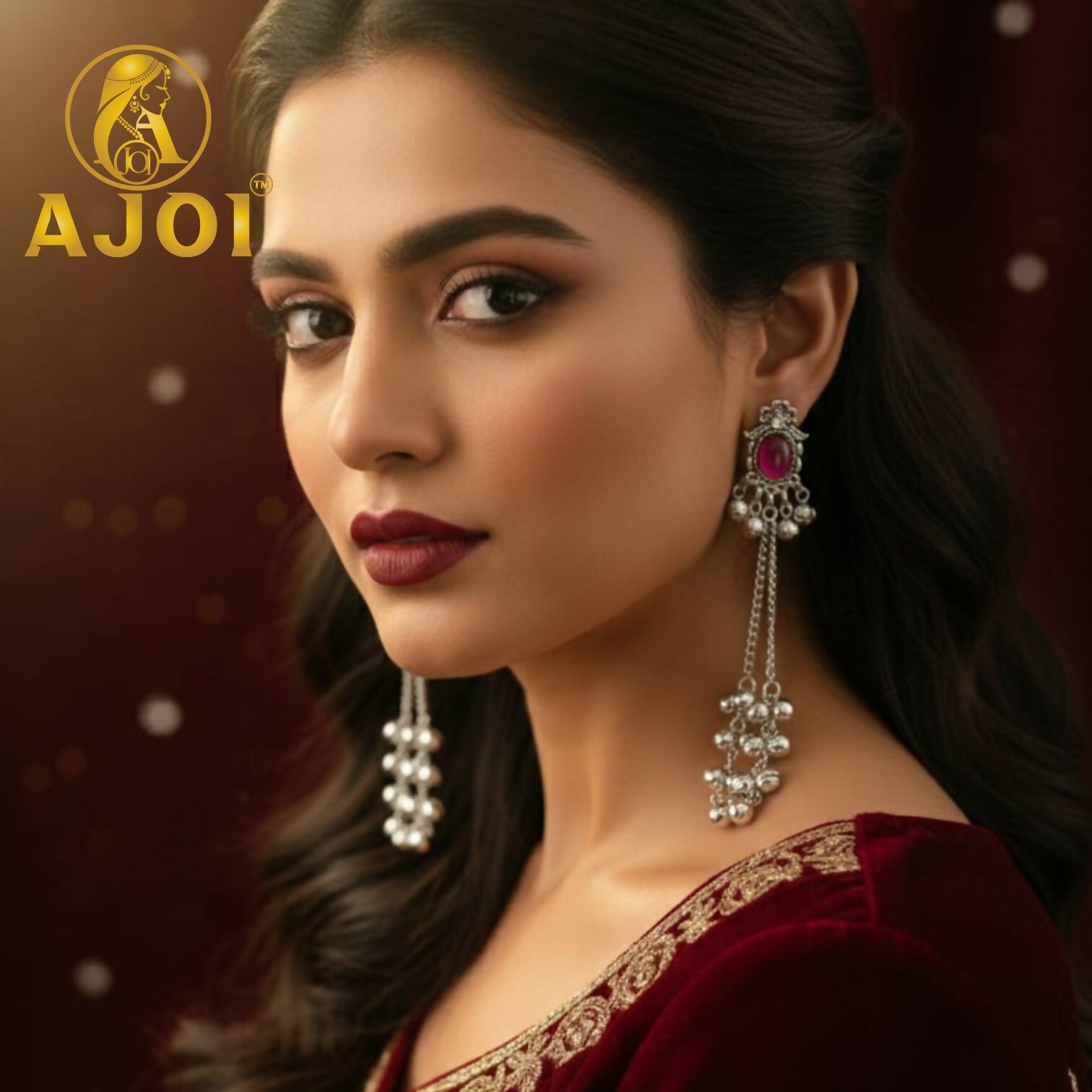 Kashmiri Silver-Tone Ruby Chain Drop Earrings – Luxurious Elegance