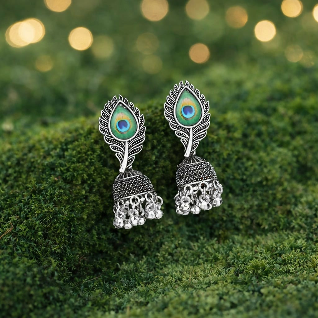 Oxidised Silver Jhumka Earrings – Elegant Peacock Feather Design