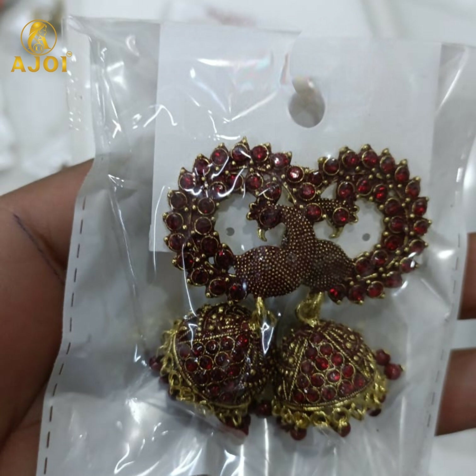 Peacock Jhumka Earrings – Royal Maroon Antique Gold Finish